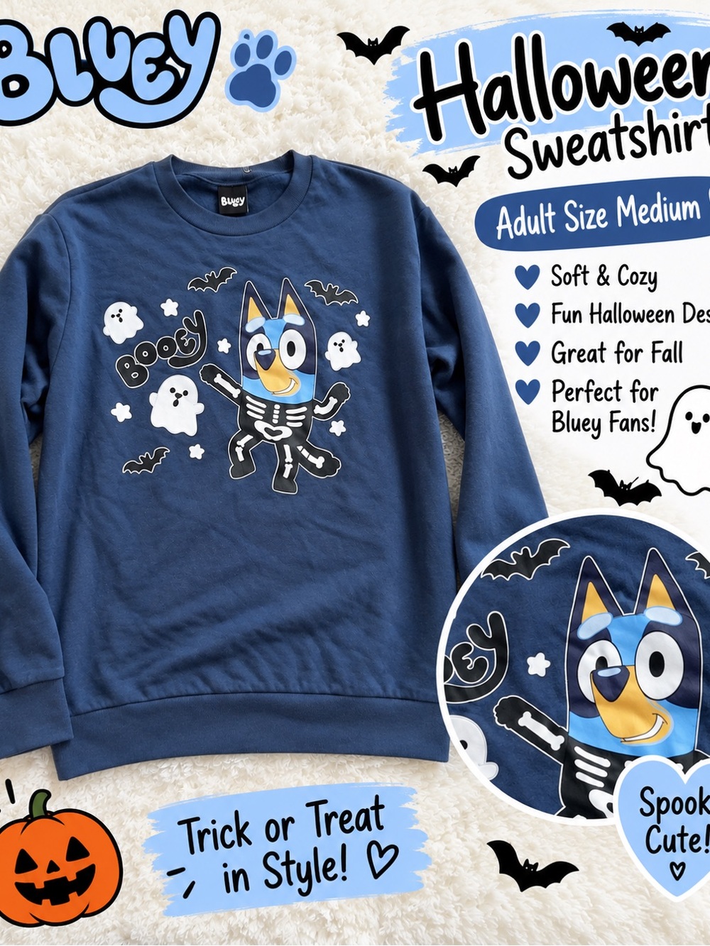 Bluey Adult Crewneck Sweatshirt - Navy Blue Halloween Design